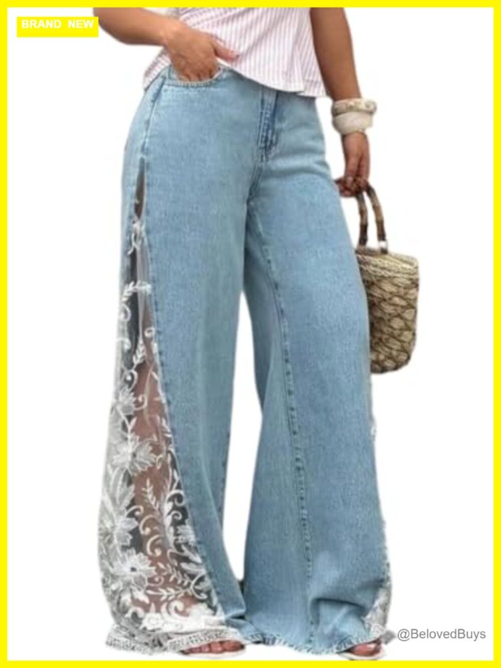 Women Floral Lace Patchwork Wide Leg High Waisted Baggy Jeans Palazzo Denim